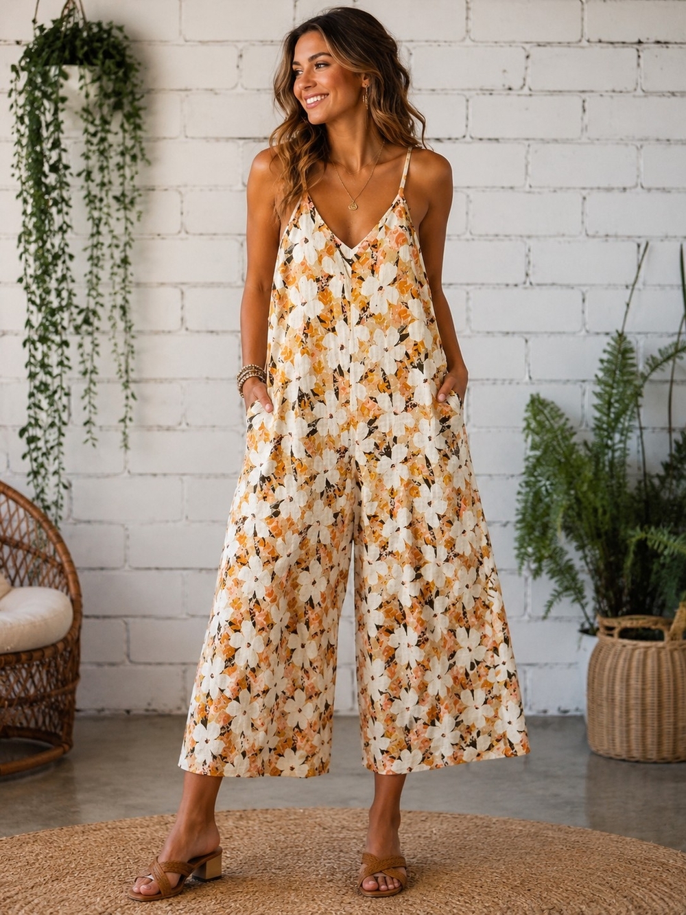 TRAFFIC PEOPLE BOHO EXTRA WIDE LEG ROMPER JUMPSIUT FLORAL BROWN GOLD CREAM SMALL
